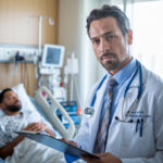 Un médecin observant une imagerie médicale d'une tumeur pancréatique avec équipement radiothérapeutique moderne