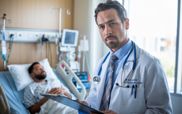 Un médecin observant une imagerie médicale d'une tumeur pancréatique avec équipement radiothérapeutique moderne